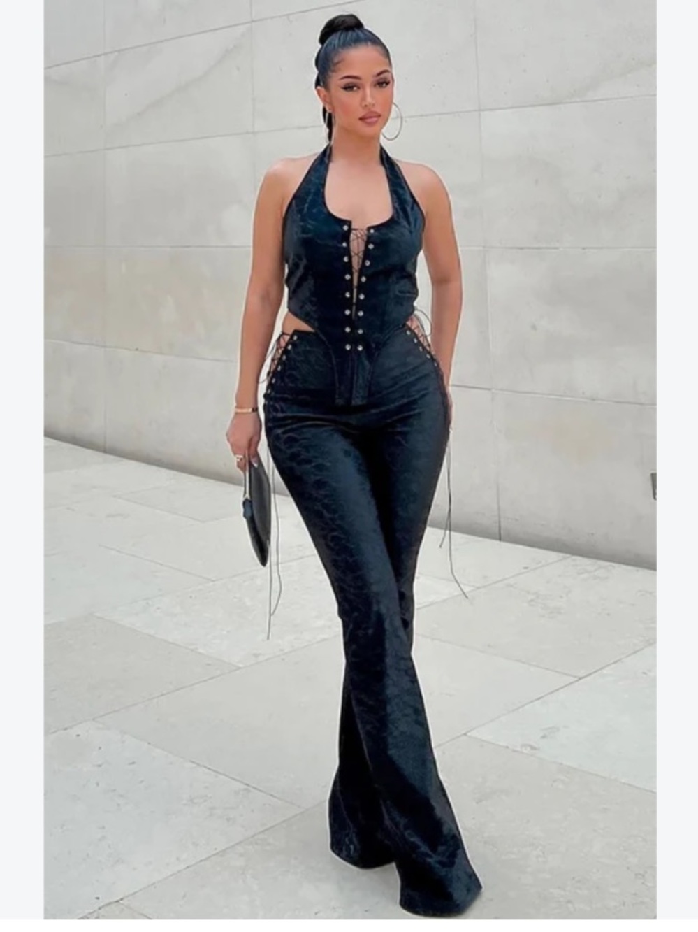 Fashion Nova Black Halter Lace-Up Two Piece Set